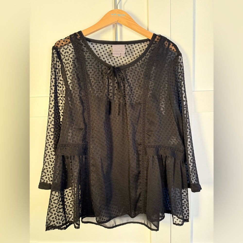 Anthropologie Vanessa &Virginia Sheer Black Polka Dot Blouse sz 16
